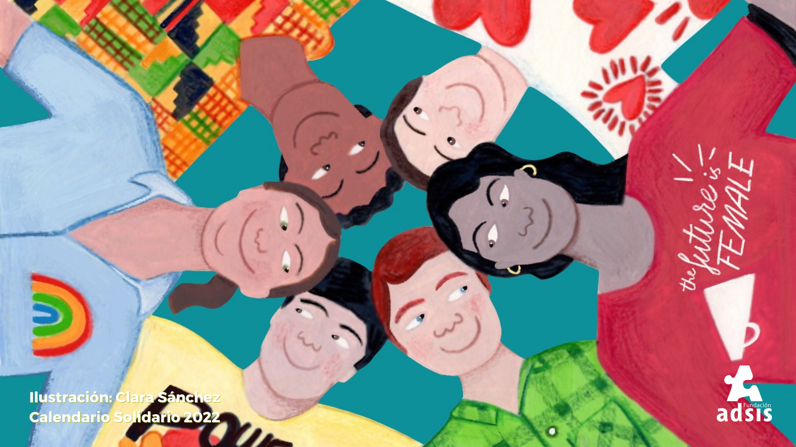 Ilustración donde se ven las caras de diversas personas unidas en círculo