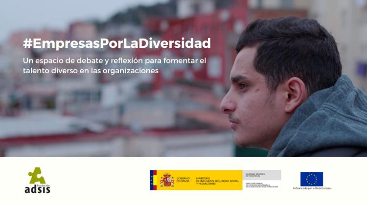 Un chico de perfil mirando las vistas de una ciudad. Texto: #EmpresasPorLaDiversidad Un espacio de debate y reflexión para fomentar el talento diverso en las organizaciones. Logos: Fundación Adsis - MISSMI - Cofinanciado UE